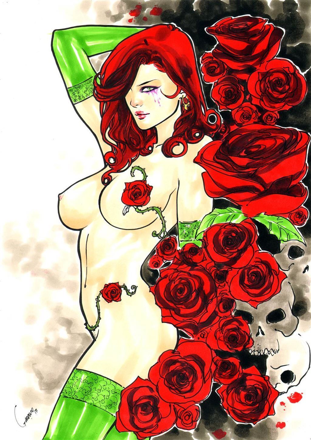 1girls 2017 big_breasts bottomless breasts busty cry_for_dawn curvy dated dawn_(comics) ed_benes_studio erect_nipples female female_only flower flowers from_side gardenio_lima goddess green_eyes green_stockings long_hair mascara mascara_tears naked nipples nude pink_nipples posing red_hair red_lips red_lipstick rose roses signature sirius_entertainment skull skulls solo stockings topless voluptuous