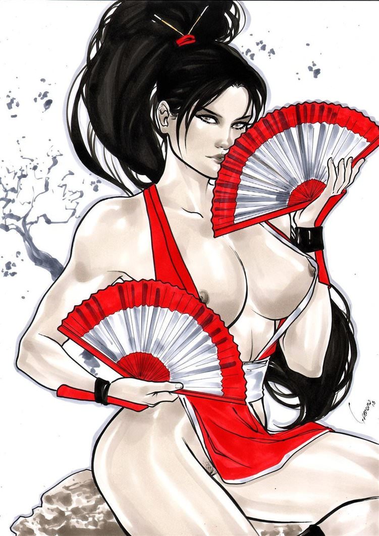 2018 big_breasts black_hair black_pubic_hair breasts busty curvy dated ed_benes_studio erect_nipples fan fans fatal_fury gardenio_lima greyscale king_of_fighters long_hair mai_shiranui nipples ponytail pubic_hair signature sitting snk voluptuous