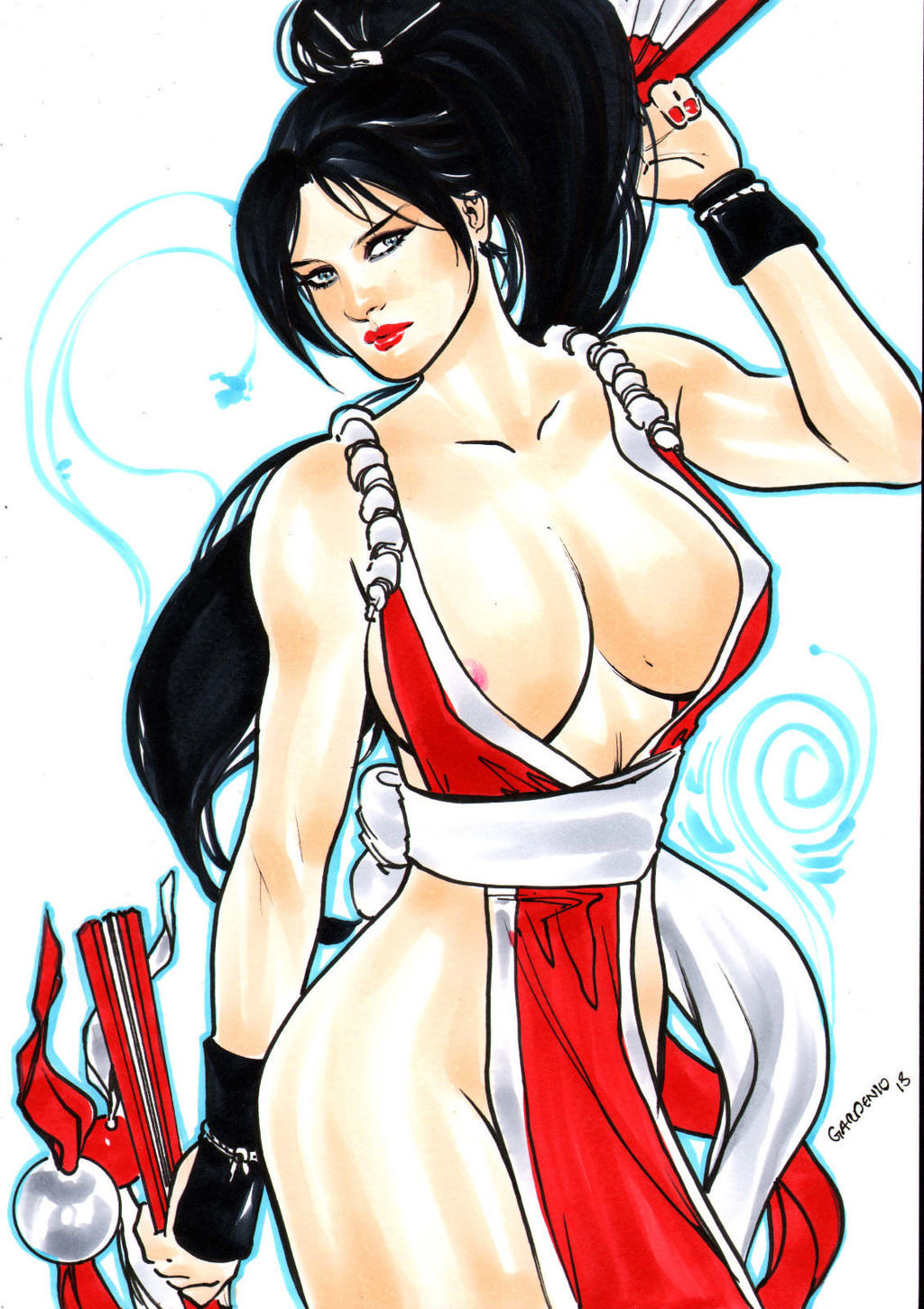 1girls 2018 arm_guards big_breasts black_hair blue_eyes breasts busty curvy dated ed_benes_studio erect_nipples fan fans fatal_fury female female_only gardenio_lima king_of_fighters long_hair loose_clothing mai_shiranui martial_artist nipples nipples_visible_through_clothing pink_nipples pinup ponytail red_clothing red_lips red_lipstick signature snk solo thighs voluptuous