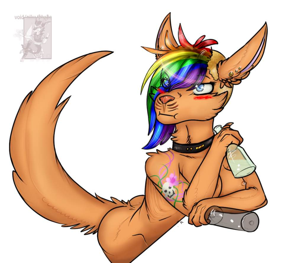 2019 anthro blue_eyes blush breasts canid canine canis checked choker collar domestic_cat ear_piercing felid feline felis female fur hair looking_at_viewer mammal mia_dyke_(character) multicolored_hair nipple_piercing nipples nude open_mouth piercing rainbow rainbow_hair simple_background smile solo wolf wolky