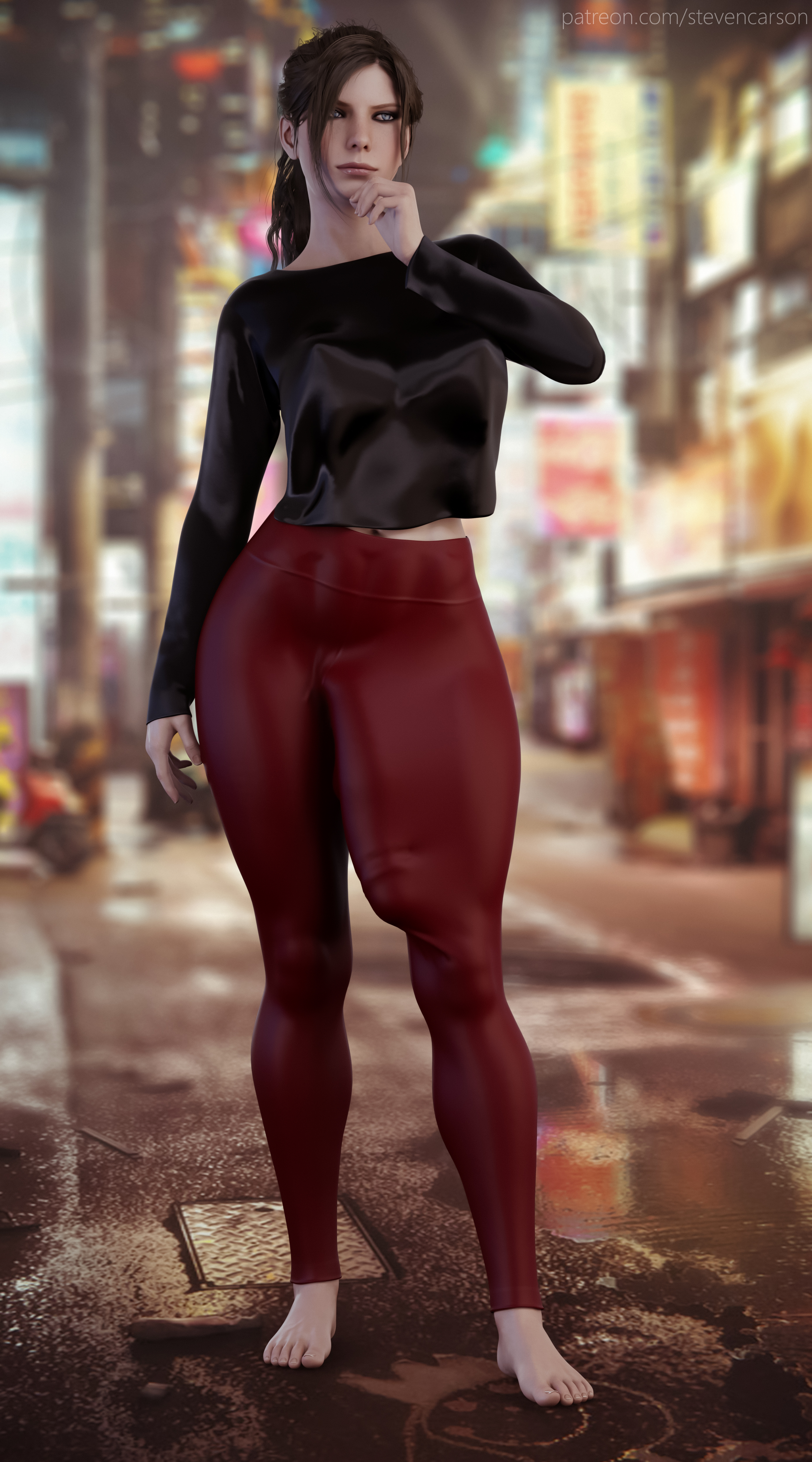 1futa, 3d, absurdres, balls, balls bulge, balls under clothes, barefoot, bimbo, breasts, bulge, bulge down leg, cameltail, claire redfield, curvy, erect nipples, erection, erection under clothes, eyeshadow, feet, futa only, futanari, highres, huge cock, huge penis, intersex, large balls, large breasts, leggings, lipstick, makeup, nipple bulge, nipples, penis, penis bulge, penis under clothes, realistic, resident evil, solo, solo futa, spread legs, standing, stevencarson, tenting, toes, wide hips, yoga pants