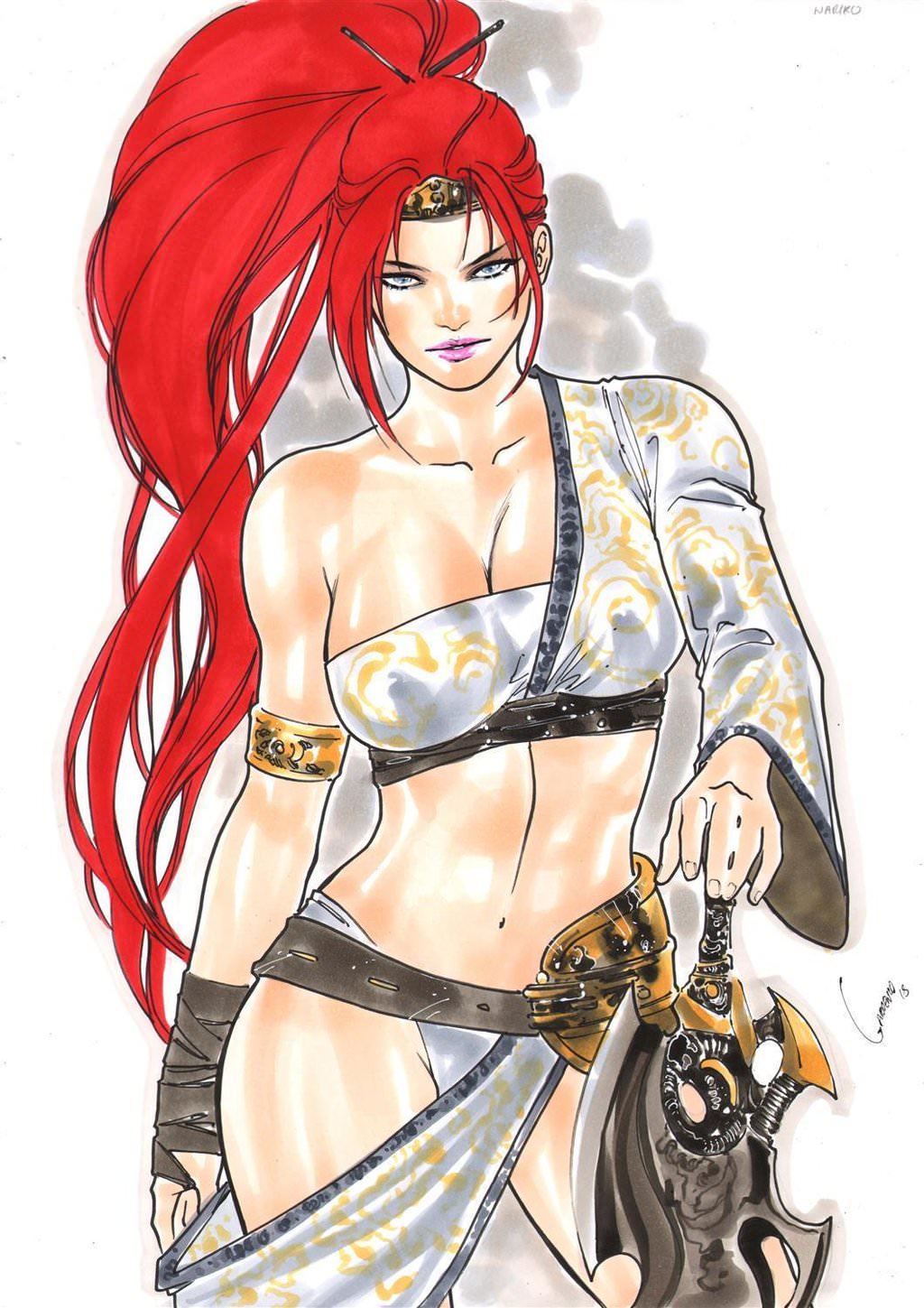 2018 artifact bandaged_arm bandages belly_button big_breasts blue_eyes breasts busty cleavage curvaceous curvy dated ed_benes_studio gardenio_lima goddess hairpin heavenly_sword long_hair midriff nariko navel panties pink_lips ponytail red_hair robes signature stomach sword tiara toga voluptuous weapon white_panties