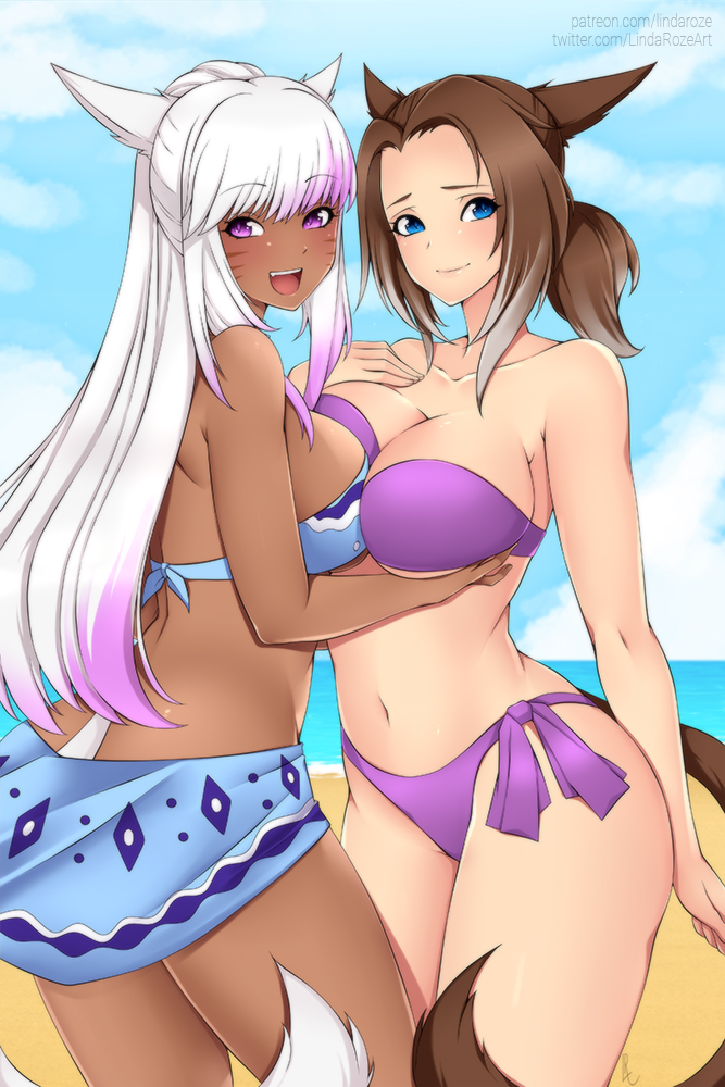 2girls, big breasts, bikini, blue eyes, breasts, brown hair, clothing, female, female only, final fantasy, final fantasy xiv, hair, lindaroze, long hair, miqo'te, multiple females, multiple girls, purple eyes, square enix, video games, white hair