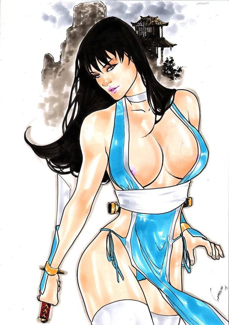 1girls 2018 abstract_background arm_guards ass big_breasts black_hair blue_clothing breasts busty curvaceous curvy dagger dated dead_or_alive ed_benes_studio female female_only gardenio_lima green_eyes human human_only kasumi_(doa) kimono long_hair nipples pink_nipples red_lips red_lipstick revealing_clothes shrine signature solo stockings thick_thighs voluptuous white_stockings