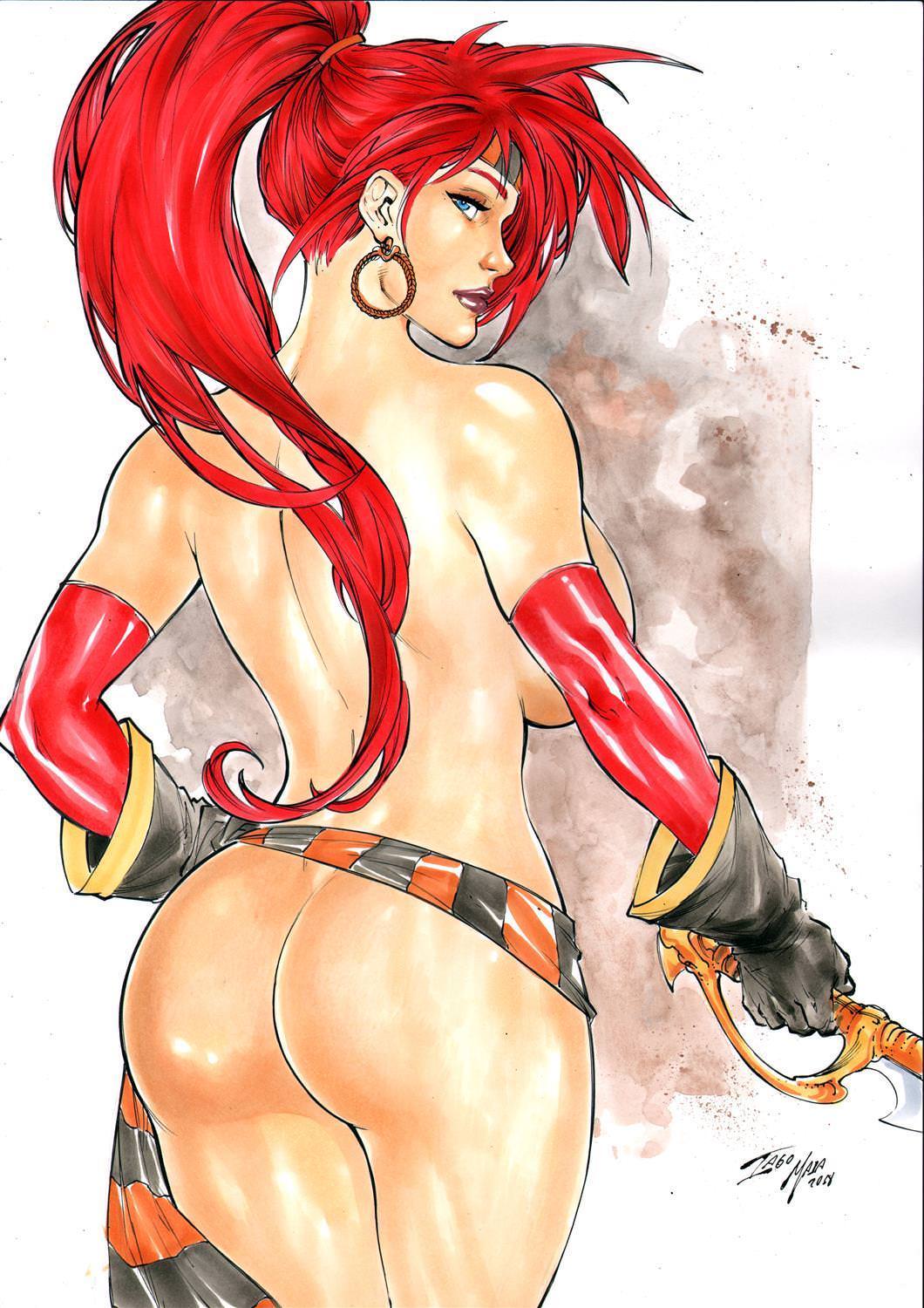 2018 ass bandana battle_chasers big_ass big_breasts blue_eyes breasts busty curvaceous curvy dated earrings ed_benes_studio from_behind gloves grey_gloves holding_sword holding_weapon hoop_earrings iago_maia long_hair naked nude pommel ponytail red_hair red_lips red_lipstick red_monika signature sleeves sword thick_ass thighs voluptuous wildstorm