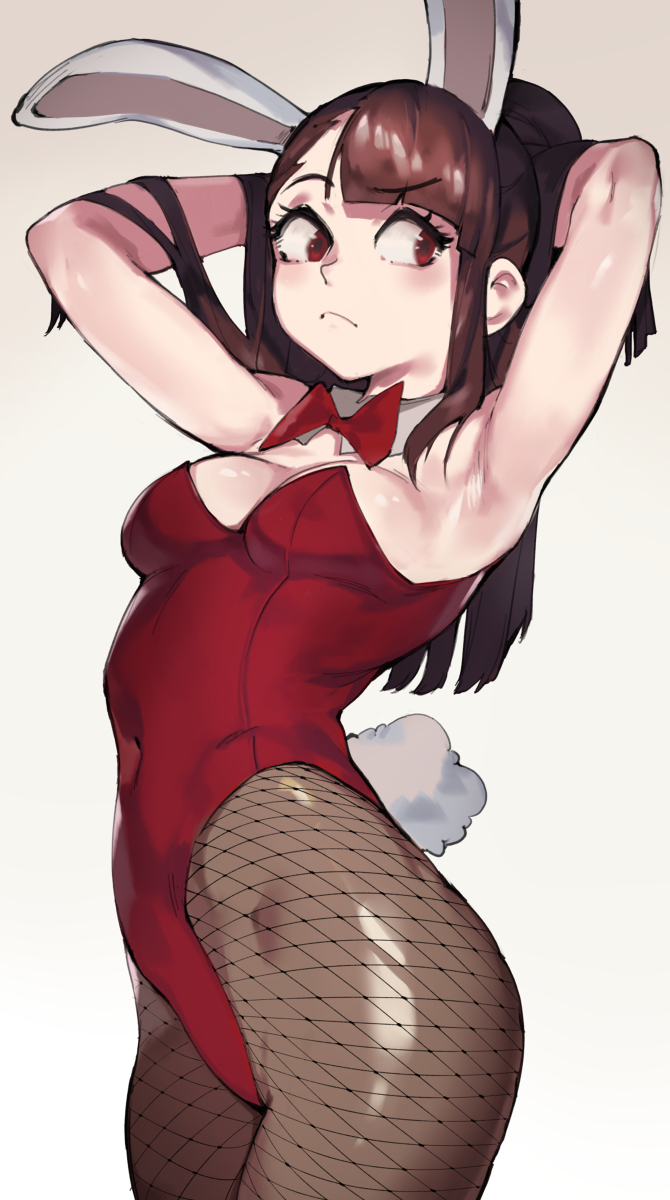 1girls, animal ears, armpits, arms behind head, arms up, atsuko kagari, bangs, bow, bowtie, breasts, brown hair, bunny ears, bunny girl, bunny tail, closed mouth, clothed, clothing, collar, eyelashes, female, female focus, female only, fishnets, hands behind head, higher resolution available, leotard, little witch academia, red eyes, red leotard, roropull, simple background, solo, solo female, solo focus, tail