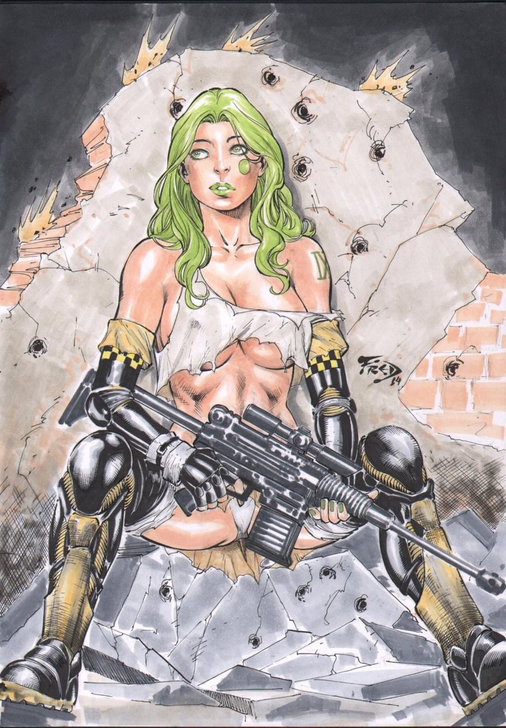 1girls 2014 aphrodite_ix assault_rifle big_breasts black_boots black_clothing black_gloves black_thighhighs boots breasts brick_wall bricks bullet bullet_hole bullets busty cover curvaceous curvy dated ed_benes_studio erect_nipples face_tattoo female female_only fred_benes gloves green_eyes green_hair green_lips gun gunfire gynoid hiding image_comics legs_spread long_hair machine_gun nipples nipples_visible_through_clothing number_tattoo numbered open_legs panties rubble shirt signature solo spread_legs tattoo thighhighs top_cow voluptuous white_clothing white_panties white_shirt