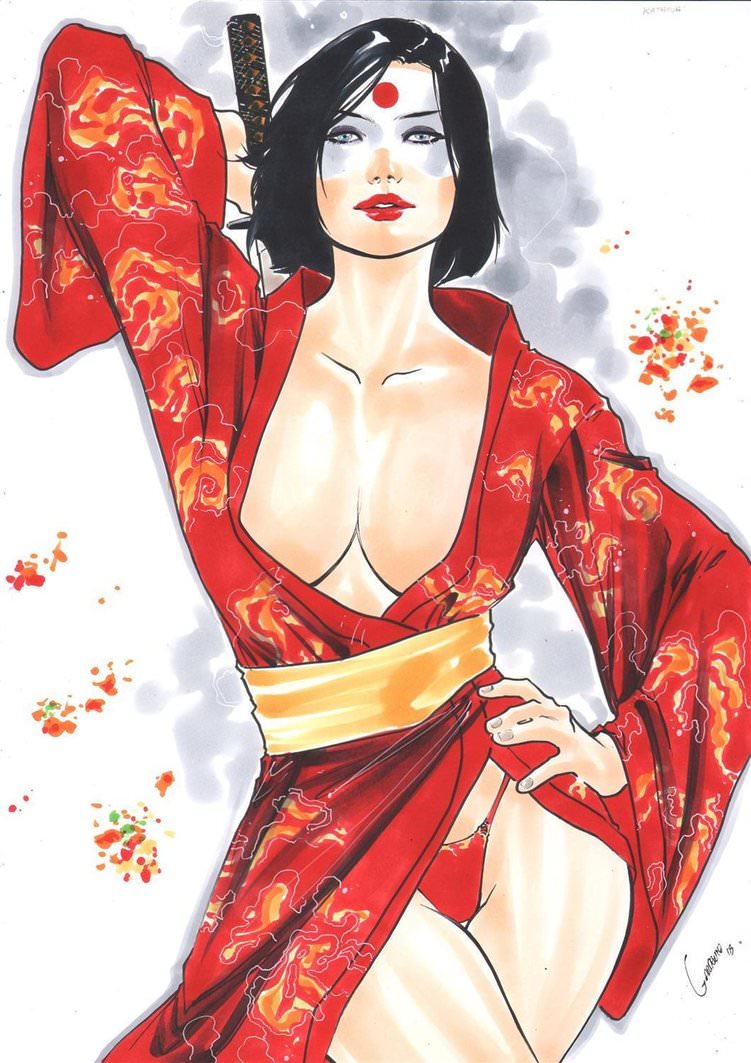 1girls 2018 abstract_background big_breasts black_hair blue_eyes breasts busty curvaceous curvy dated dc dc_comics ed_benes_studio female female_only gardenio_lima holding_weapon katana katana_(dc) kimono kimono_lift outsiders panties red_kimono red_lips red_lipstick red_panties short_hair signature solo suicide_squad superheroine sword tatsu_yamashiro voluptuous weapon