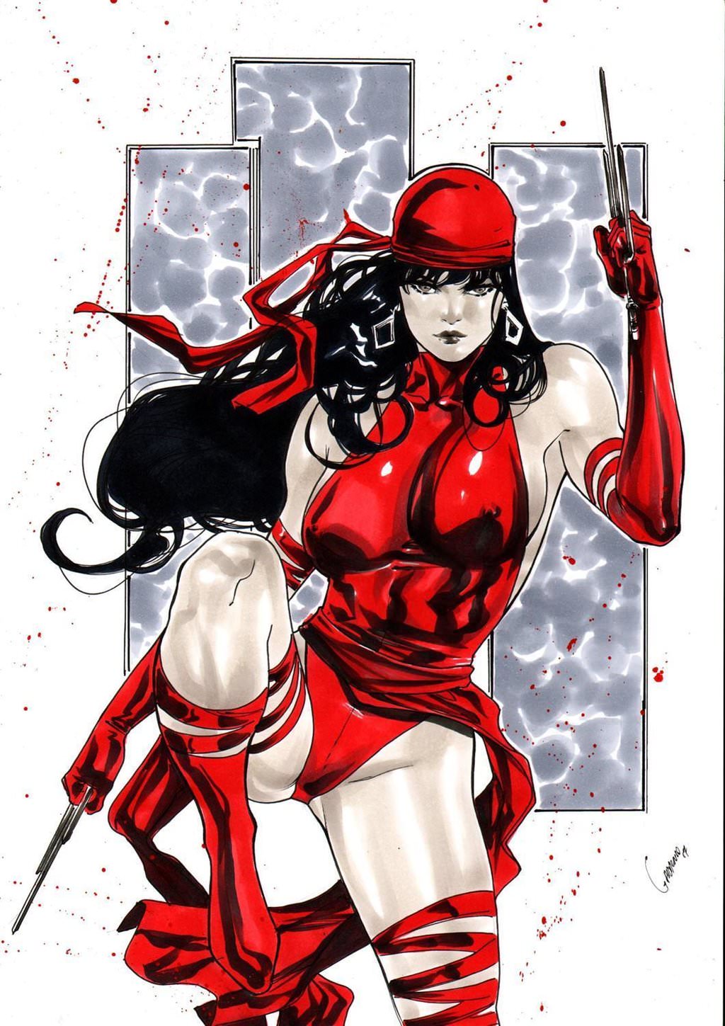 1girls 2019 abstract_background assassin big_breasts black_hair breasts busty cap curvaceous curvy daredevil_(series) dated ed_benes_studio elektra_natchios female female_only gardenio_lima headwear human leg_lift long_hair marvel nipples nipples_visible_through_clothing panties red_cap red_panties red_sleeves sais signature sleeves solo superheroine thick_thighs voluptuous