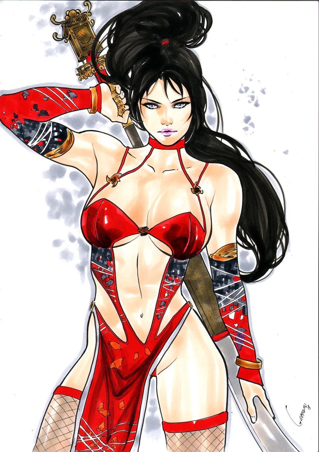 1girls belly_button big_breasts big_sword black_hair blue_eyes breasts cleavage dead_or_alive ed_benes_studio female female_only fishnet fishnet_stockings fishnets gardenio_lima giant_sword holding_weapon human kunoichi long_hair midriff momiji_(ninja_gaiden) navel ninja_gaiden panties pelvic_curtain pink_lips ponytail red_clothing red_panties revealing_clothes sleeves solo stockings stomach sword tecmo weapon