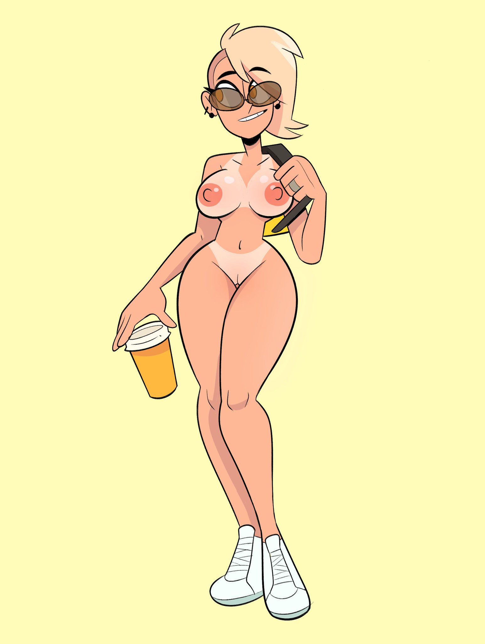 1girls, backpack, big areola, blonde hair, bottomless, casual, coffee, earrings, female, female focus, female only, herny, human, innie pussy, looking to the side, mauxie, nude, oc, original, original character, pussy, ring, shaved pussy, shaved side, smile, sneakers, solo, solo focus, source request, sunglasses, tan, tan skin, tanline, tinted eyewear, topless, white shoes, wide hips, yellow background