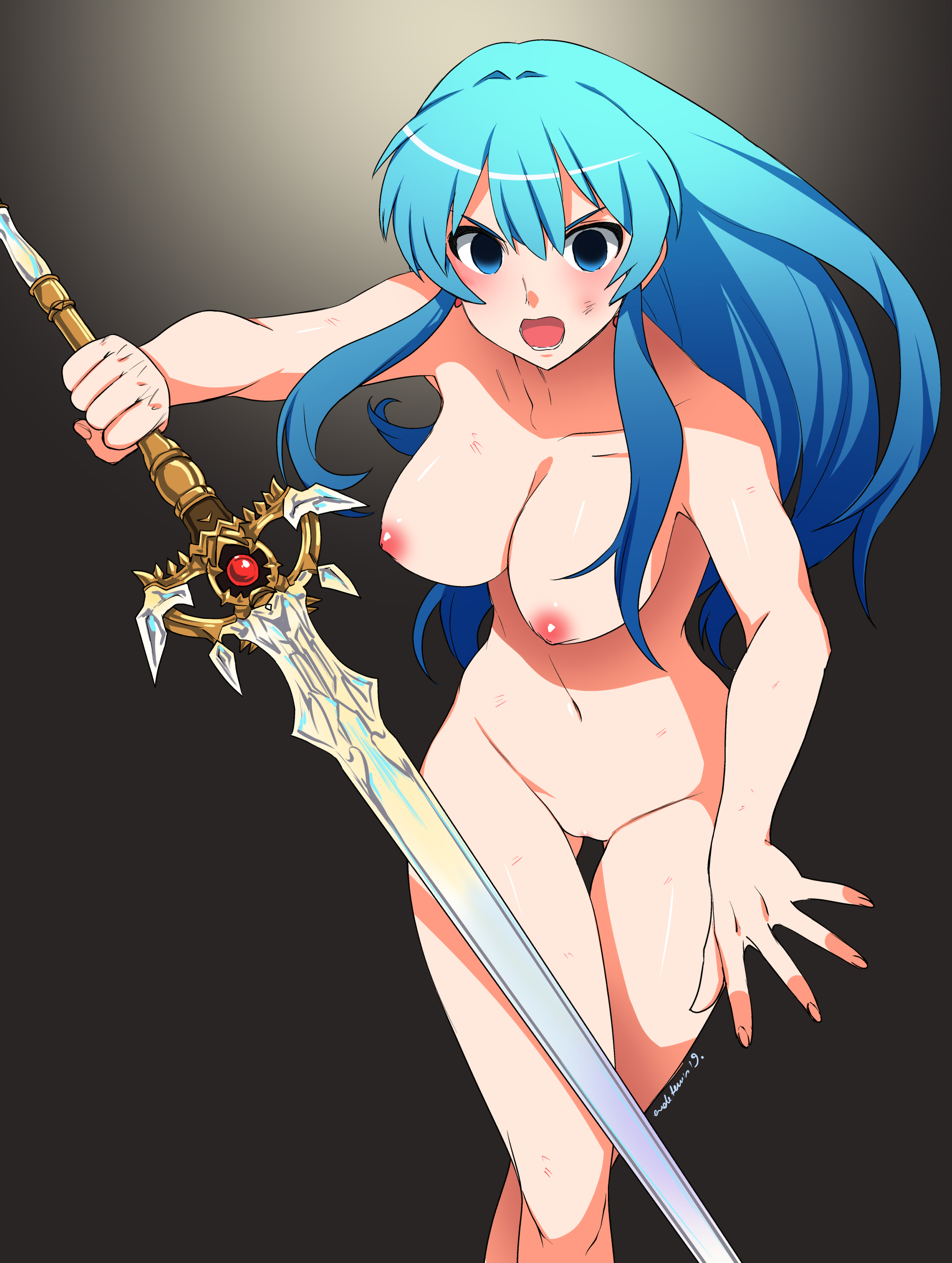 1girls, breasts, eirika (fire emblem), empty eyes, eudetenis, female, fire emblem, fire emblem: the sacred stones, hypnosis, large breasts, mind control, nude, pussy, sieglinde (fire emblem), slave, slave girl, solo, sword, weapon