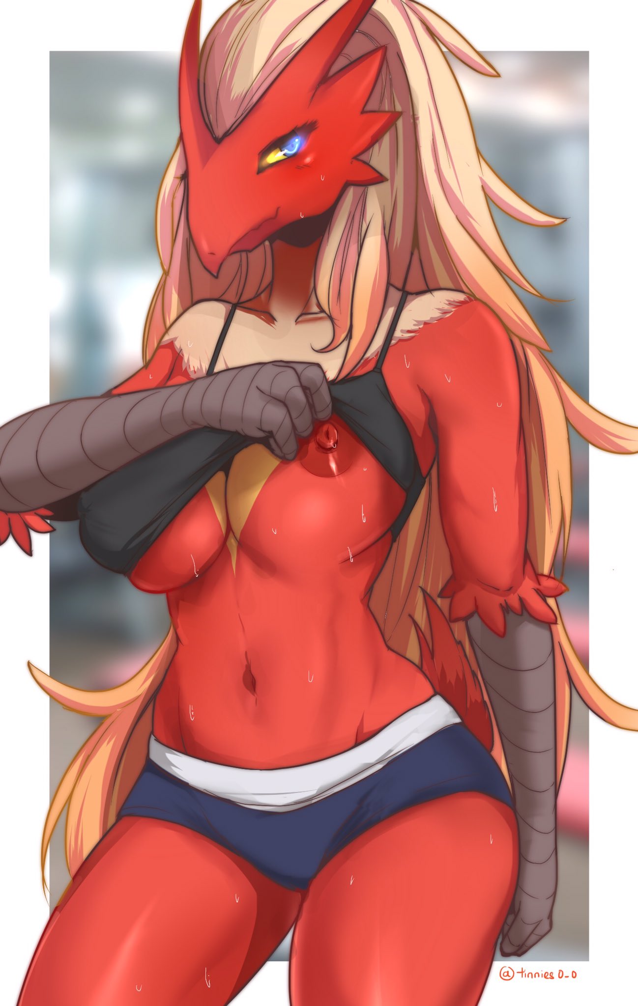 1girls, abs, anthro, anthrofied, areola, areolae, armpits, avian, bare shoulders, beak, belly, big breasts, blaziken, blonde hair, blue eyes, blush, breasts, clothes, clothing, clothing lift, eye contact, eyelashes, female, female only, fit, flashing, fur, furry, furry only, glowing eyes, half-closed eyes, large breasts, long hair, looking at viewer, muscular, muscular female, navel, nintendo, nipples, one breast out, original character, outdoors, pokemon, pokemon (species), public nudity, shirt, shirt lift, shorts, solo, standing, sweat, tank top, text, thick thighs, tinnies, underboob, very long hair, watermark, wet, white border, yellow sclera