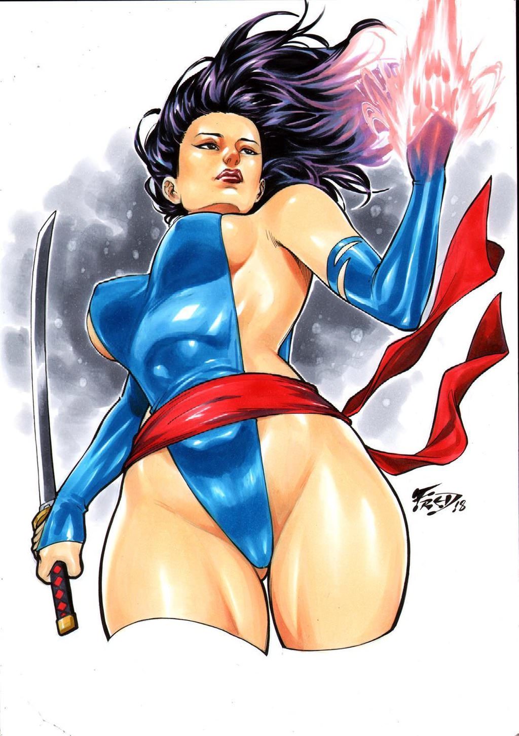 1girls 2018 abstract_background betsy_braddock big_breasts blue_clothes blue_leotard breasts busty cameltoe curvaceous curvy dated ed_benes_studio elizabeth_braddock energy_blade energy_sword erect_nipples female female_only fingerless_arm_sleeves fred_benes from_below holding_sword holding_weapon homo_superior human katana kwannon leotard long_hair marvel mutant nipples nipples_visible_through_clothing psylocke purple_hair red_lips red_lipstick red_sash sash signature sleeves solo straight_hair superheroine sword telepath thick_thighs thighs voluptuous weapon x-men