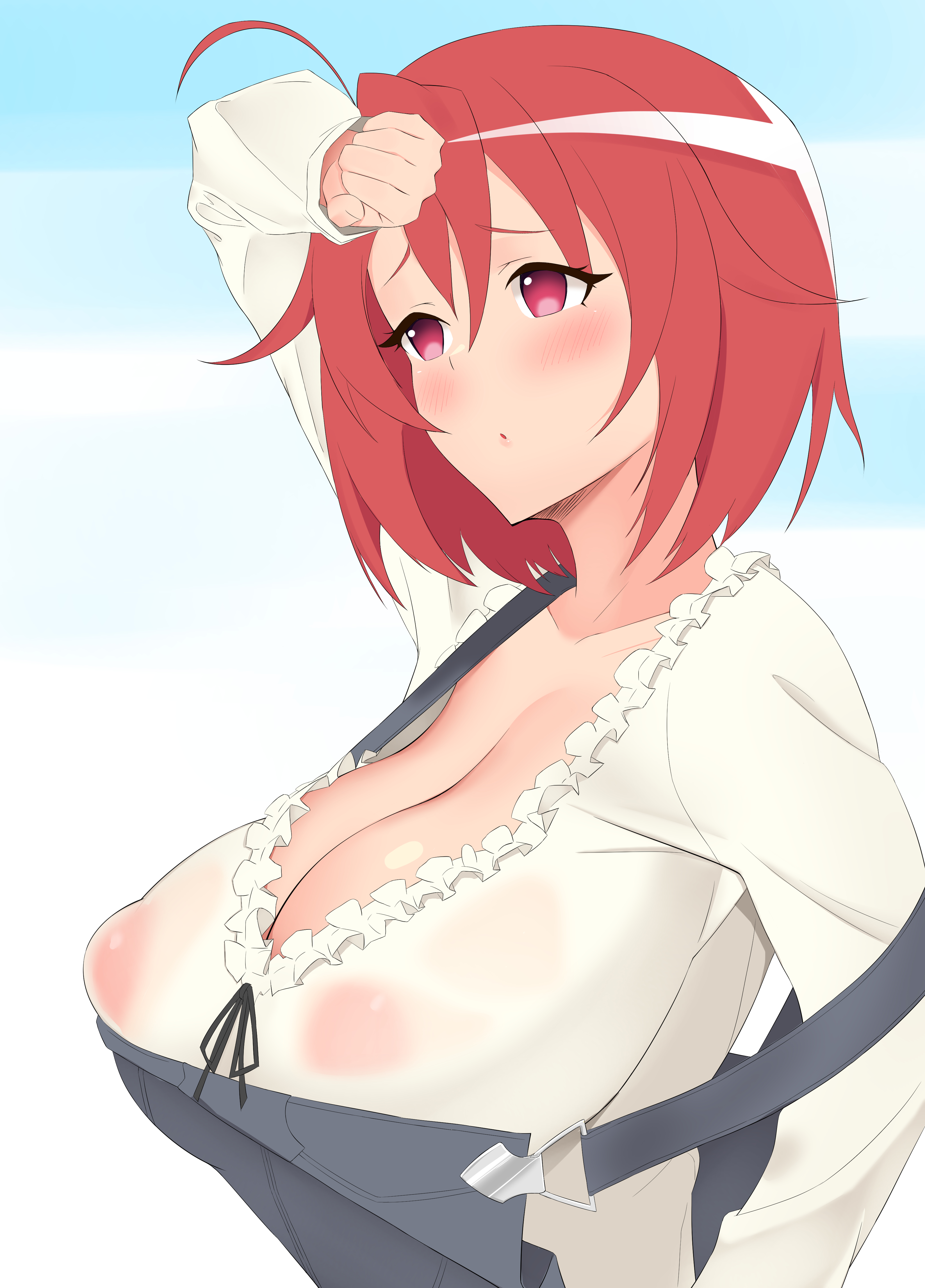 1girls, blush, breasts, busty, cleavage, clothed, cow girl (goblin slayer), dungarees, female, female only, goblin slayer, huge breasts, nipples visible through clothing, nori curry, overalls, red eyes, red hair, see-through, short hair