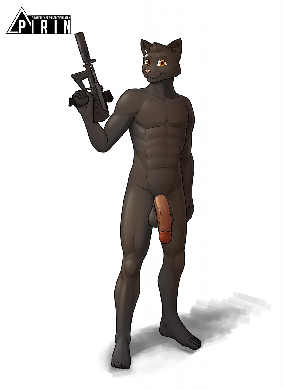 anthro balls black_body black_fur domestic_cat felid feline felis firearm flaccid fur genitals gun hi_res holding_object holding_weapon humanoid_genitalia humanoid_penis male male_only mammal muscular muscular_anthro muscular_male nude penis pirin-apex pp-2000 ranged_weapon simple_background solo standing suppressor vein veiny_penis weapon white_background