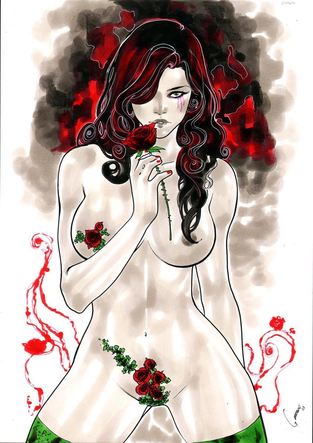 2018 abstract_background bare_breasts black_hair breasts breasts_apart covered_pussy cry_for_dawn dated dawn_(comics) ed_benes_studio flowers functionally_nude gardenio_lima green_eyes green_stockings holding_rose mascara mascara_tears naked naked_female naked_thighhighs nipples nude ombre_hair red_highlights rose roses signature sirius_entertainment stockings striped_hair thighhighs topless