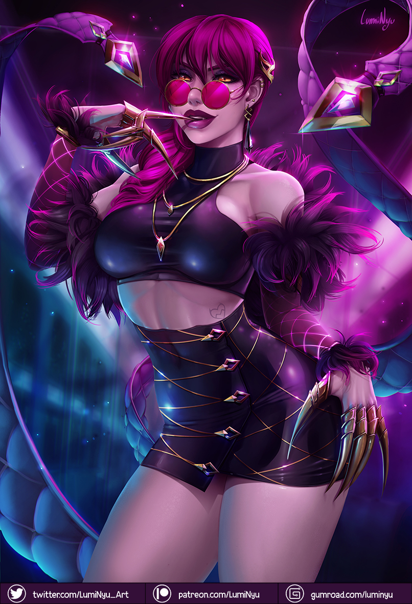 1girls alternate_costume claws evelynn female female_focus female_only fur glasses hair hair_ornament jewelry k/da_evelynn k/da_series latex league_of_legends lips lipstick long_hair looking_at_viewer looking_over_eyewear looking_over_glasses luminyu makeup nail_guards pink-tinted_eyewear pink_hair pinup purple_hair purple_lipstick solo solo_focus sunglasses tattoo thick_thighs thighs tinted_eyewear yellow_eyes