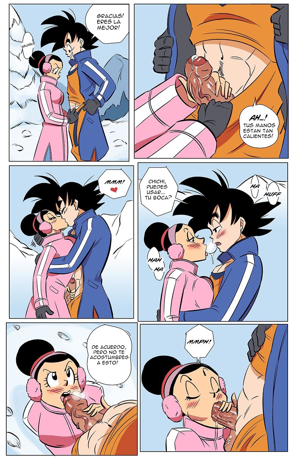 chichi, comic, dragon ball, dragon ball super, earmuffs, female, funsexydragonball, goku, husband, husband and wife, male, page 2, patreon, penis, pubic hair, son goku, spanish text, wife, winter, winter clothes