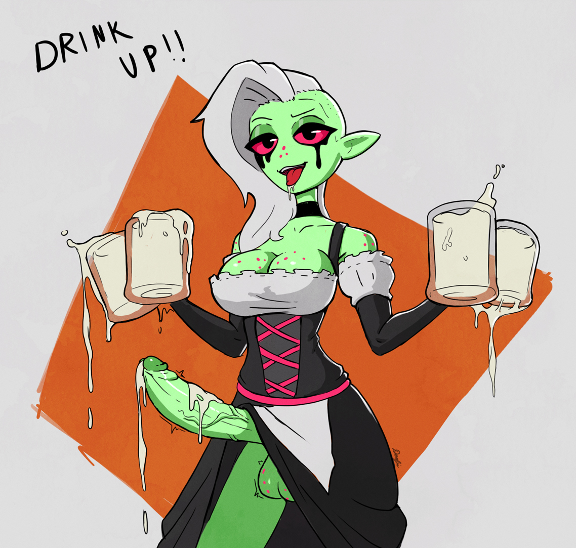 1futa, balls, bottomless skirt, breasts, cleavage, cum, cum drip, cum in container, cum in cup, cum leaking, cum on penis, curvy, dialogue, drooling, erection, erection under clothes, erection under skirt, futa only, futanari, green skin, huge penis, intersex, large balls, large breasts, lord dominator, no panties, penis, penis out, penis under clothes, penis under skirt, skirt, skirt lift, waitress, wander over yonder