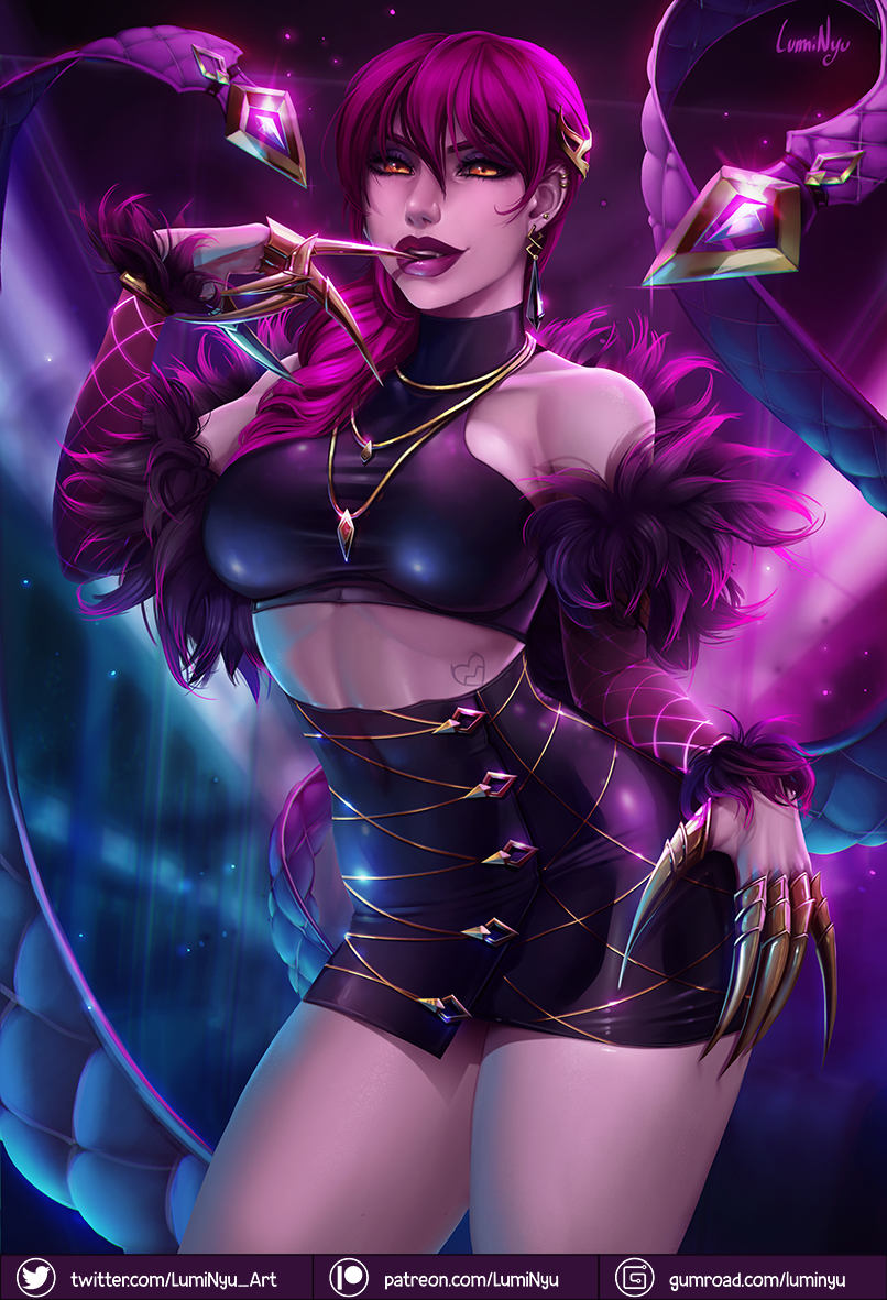 1girls, alternate costume, alternate version available, claws, evelynn, female, female focus, female only, full lips, fur, hair, hair ornament, human, human female, jewelry, k/da evelynn, k/da series, large breasts, latex, league of legends, light-skinned female, lips, lipstick, long hair, looking at viewer, luminyu, makeup, pencil skirt, pink hair, pinup, purple hair, purple lipstick, slim waist, solo, solo focus, tattoo, thick thighs, thighs, tight skirt, wide hips, yellow eyes