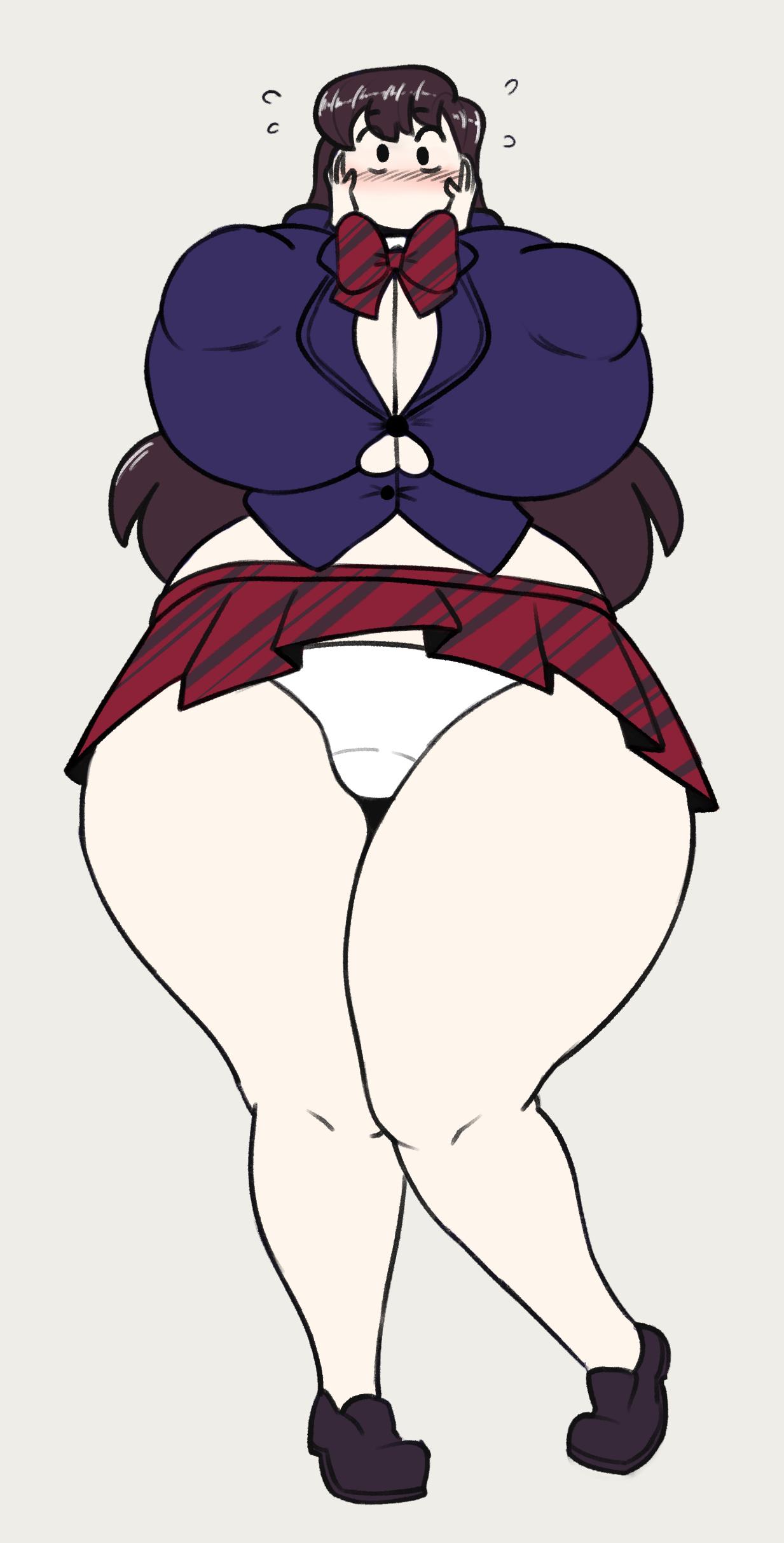 angstrom, breasts, brown hair, cleavage, female, huge breasts, komi shouko, komi-san wa komyushou desu, long hair, panties, schoolgirl uniform, shoes, skirt, solo, thick thighs, wide hips