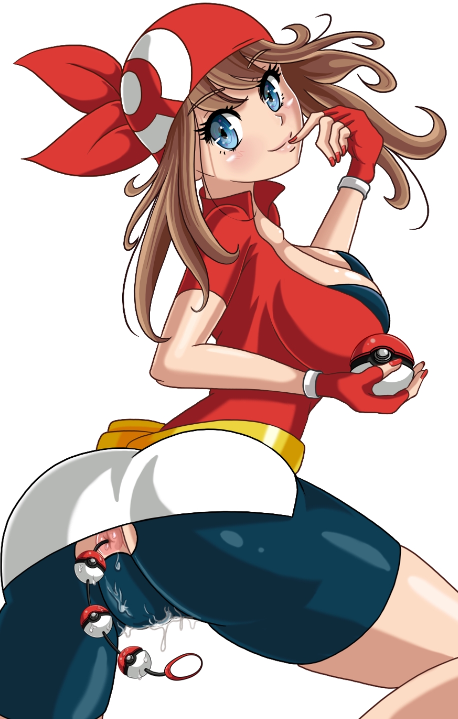 1girls, alternate breast size, anal beads, anal insertion, anal juice, anal object insertion, anal sex, ass, bag, bandana, belt, bike shorts, breasts, cleavage, clothed, erebeta, female, female only, gloves, human, human only, insertion, juices, large breasts, may (pokemon), pantyhose, poke ball, poke ball insertion, pokemon, pokemon rse, sex toy, smile, wet