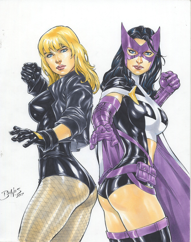 2girls ass belt big_breasts black_canary black_gloves black_hair blonde_hair blue_eyes breasts busty curvaceous curvy dc dc_comics dinah_lance ed_benes ed_benes_studio erect_nipples female female_ass female_only fishnet_stockings fishnets fists gloves green_arrow_(series) helena_bertinelli human huntress_(dc) jacket latex leather leotard long_hair mask metahuman multiple_girls nipples nipples_visible_through_clothing pinup pouch purple_gloves purple_mask raised_fist superheroine thighhighs utility_belt voluptuous zipper_pull_tab