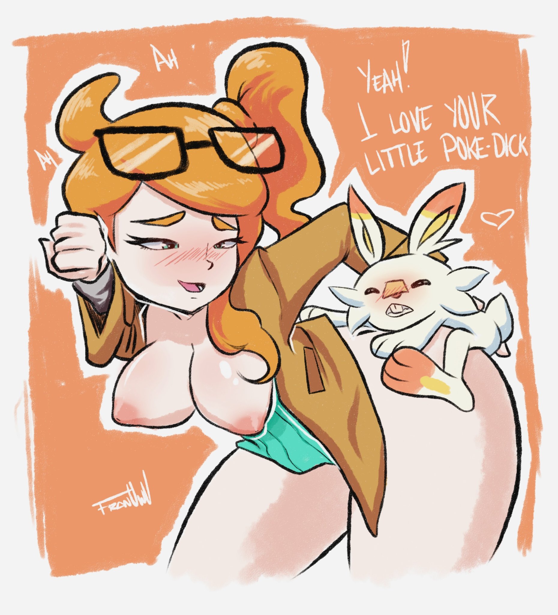 1boy, 1girls, ambiguous penetration, big ass, big thighs, blush, clothed sex, female, franarts uwu, furry, human, interspecies, male, medium breasts, pokemon, pokemon ss, pokephilia, scorbunny, sex, small penetrator big penetrated, small penis, small penis adoration, smaller male, sonia (pokemon), text, vaginal penetration, watermark