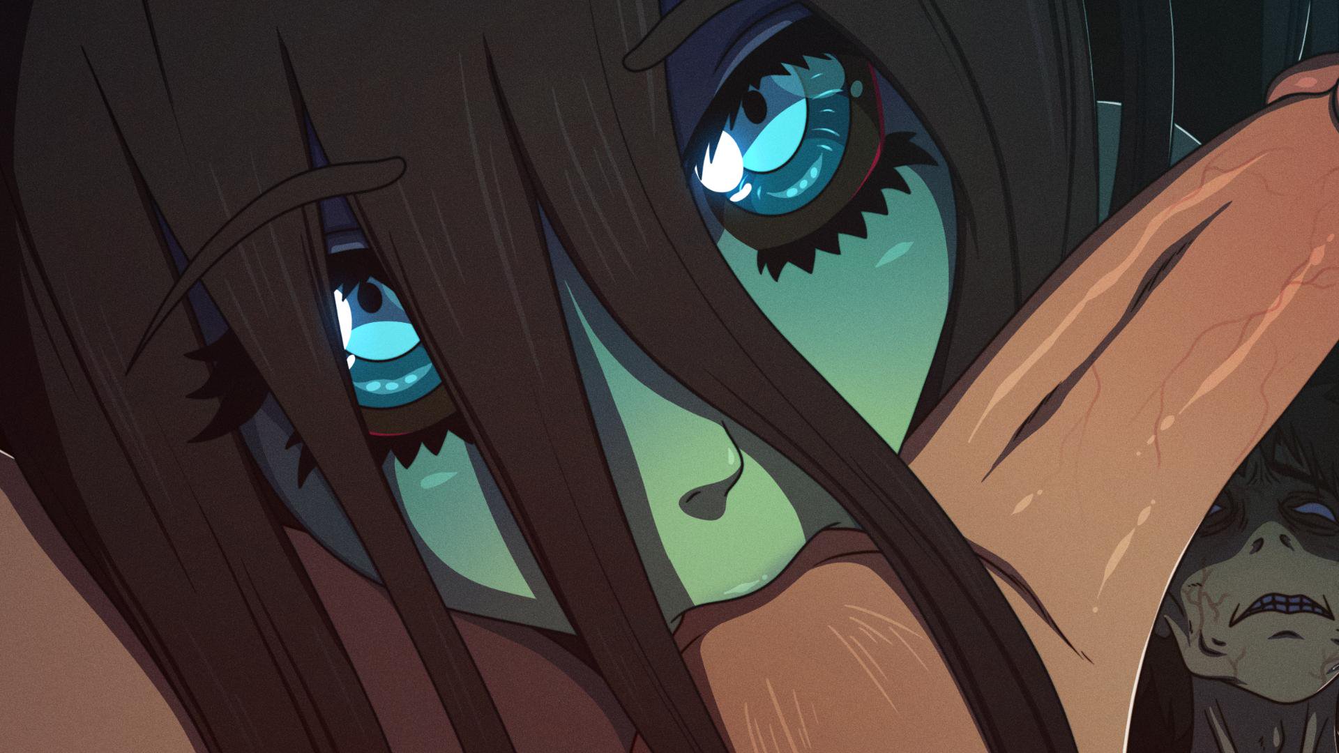 1boy, 1girls, arms, artist name, asian, ass, balls, balls sucking, black hair, black sclera, blowjob, blue eyes, blue skin, blush, collaborative fellatio, cute, double blowjob, erkerut, eyes, female, ghost, ghost girl, green skin, hair over eyes, horror, humanoid, long hair, looking at viewer, male, oral, pale skin, penis, samara (erkerut), scary, scary sex, seductive eyes, slim, solo, spirit, spoken heart, suck, sucking, tagme, teenager, testicles, thrusting, wet nightmares