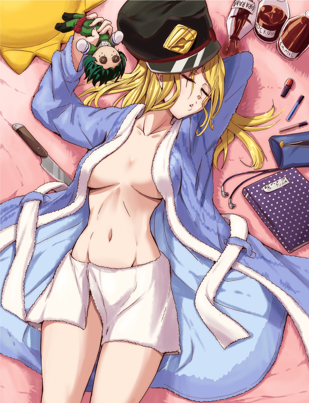 1girls, abs, alternate hairstyle, arm behind head, arm up, bathrobe, belly, blonde hair, blonde-haired female, blood, breasts, breasts apart, character doll, cleavage, closed eyes, clothed, female, female only, from above, hair down, hat, highres, himiko toga, human, izuku midoriya, knife, light skin, light-skinned female, long hair, midriff, my hero academia, navel, nico-mo, on back, open bathrobe, open clothes, open mouth, open robe, robe, shiketsu high school cap, shounen jump, sleeping, solo, towel, weapon, wide hips
