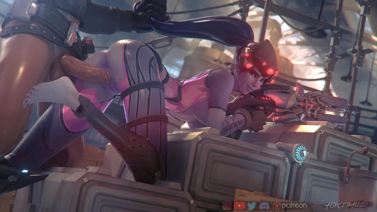 1boy 3d black_toenails blackwatch_reyes blizzard_entertainment breasts breasts_out female forceballfx from_behind gabriel_reyes hair_grab junkertown_(map) looking_at_viewer lowres male overwatch overwatch_2 penetration penis reaper sniper widowmaker