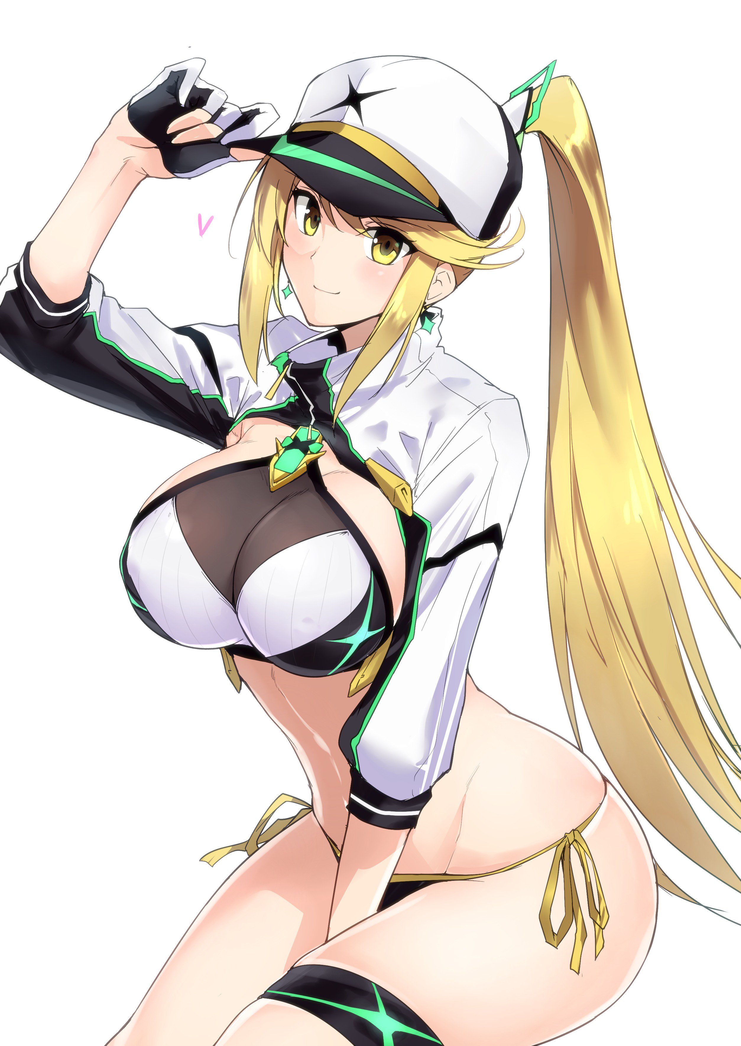 absurdres, adapted costume, bangs, baseball cap, bikini, black bikini, blonde hair, blush, breasts, closed mouth, cosplay, cropped jacket, earrings, female, gloves, halcon, harukon (halcon), hat, highres, jacket, jewelry, large breasts, long hair, looking at viewer, mysterious heroine xx (foreigner), mysterious heroine xx (foreigner) (cosplay), mythra (xenoblade), navel, nintendo, ponytail, shrug (clothing), sidelocks, simple background, sitting, smile, solo, swept bangs, swimsuit, thigh strap, thighs, very long hair, white background, white headwear, white jacket, xenoblade (series), xenoblade chronicles 2, yellow eyes