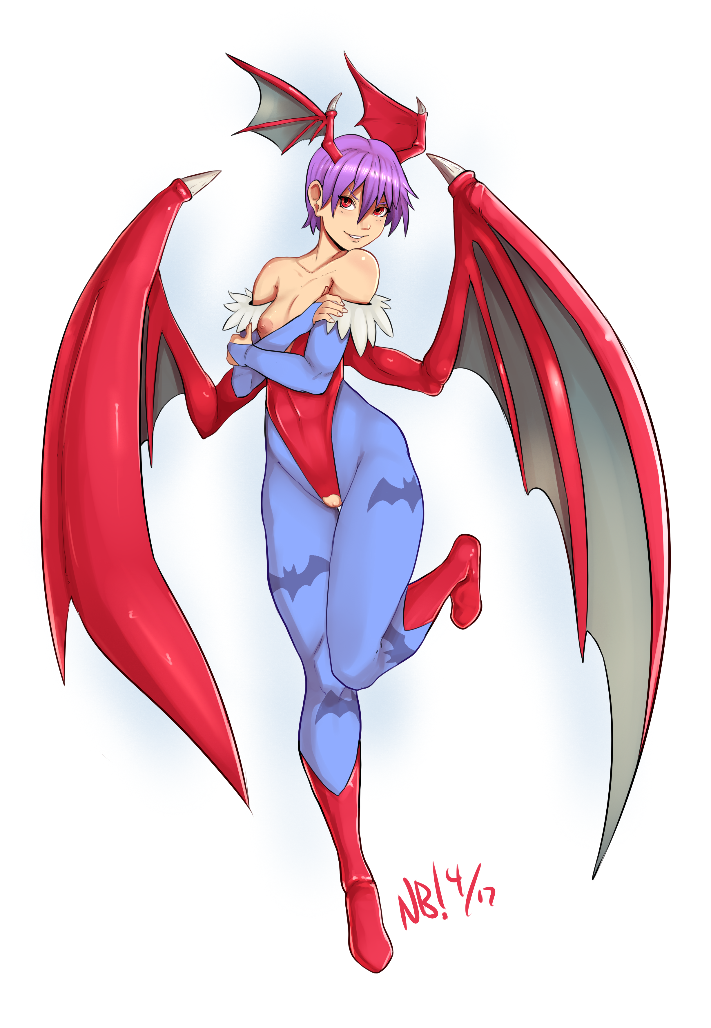 1girls, absurdres, bare shoulders, bat print, bat wings, boots, breasts, clothing, crotch cutout, darkstalkers, demon, female, flat chest, head wings, highleg, highleg leotard, highres, leg lift, leotard, lilith aensland, long legs, looking at viewer, nerdbayne, nipples, pantyhose, purple hair, pussy, red eyes, short hair, small breasts, smile, solo, succubus, wings