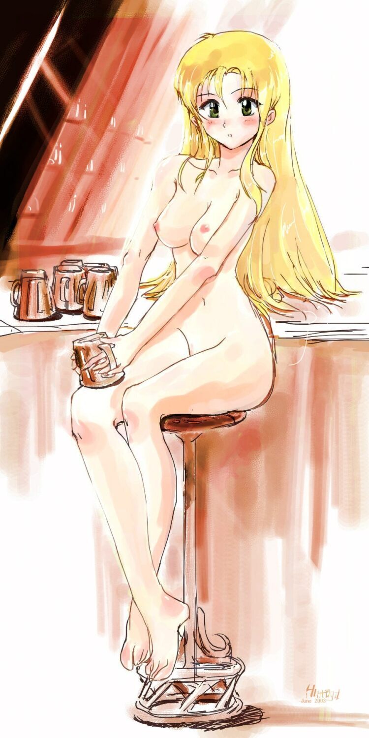 00s 1girls 2003 artist_name blonde_hair blush breasts chair cup eve_(harvest_moon) feet female green_eyes harvest_moon highres hunago long_hair mug nipples nude signature sitting solo stool