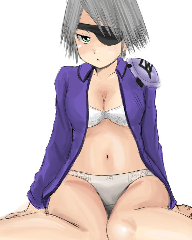 bra breasts eye_patch female female_only final_fantasy final_fantasy_viii fuujin_(ff8) green_eyes grey_hair hair lingerie lips lobotomy_lab navel open_clothes panties short_hair silver_hair sitting solo thighs underwear white_background white_bra white_panties