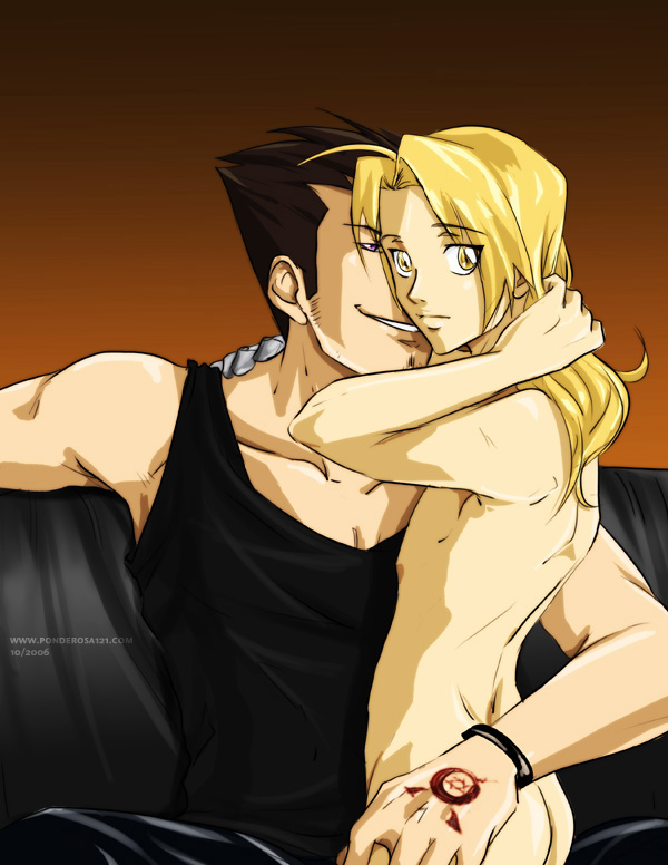 2boys ass ass_grab blonde_hair bracelet edward_elric fullmetal_alchemist gay greed holding_hair hug jewelry long_hair looking_back male male/male male_only multiple_boys nude short short_hair size_difference smile tank_top tattoo yaoi