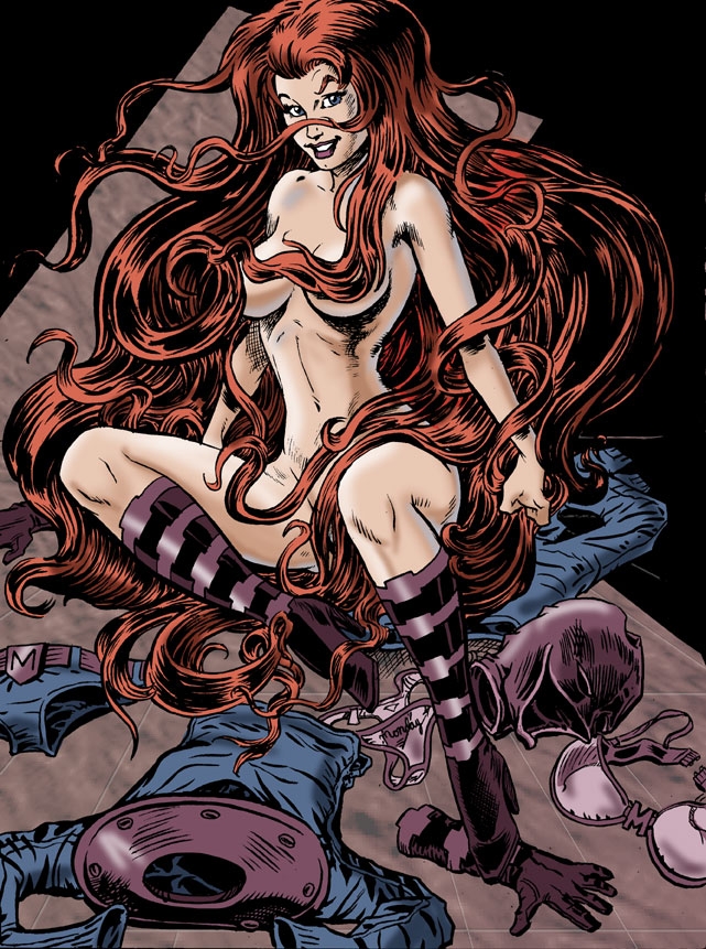 covering covering_nipples inhumans long_hair marvel medusa_(inhumans) nude red_hair smile straight_hair tagme