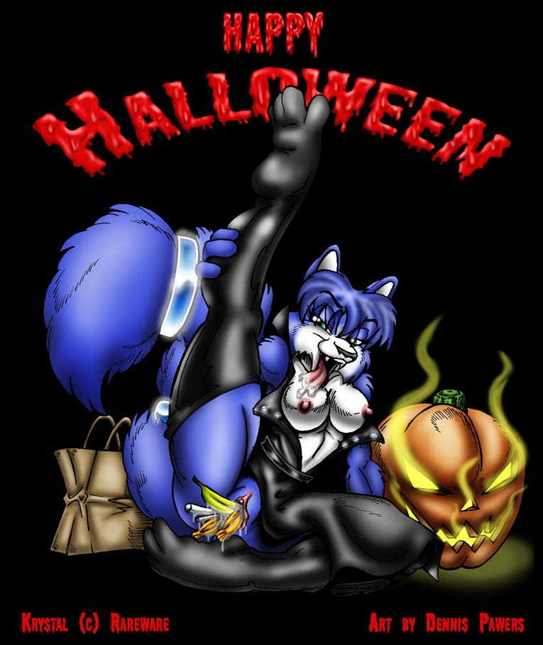 anthro bag banana black_background blue_fur blue_hair breasts clothes color dennis_pawers drooling female female_only food fox front_view fur furry furry_breasts furry_ears furry_tail green_eyes hair halloween insertion jack-o'-lantern krystal looking_at_viewer open_clothes open_eyes open_mouth pointy_ears pumpkin raised_leg saliva short_hair solo star_fox tail tongue tongue_out vaginal_insertion vulva white_fur