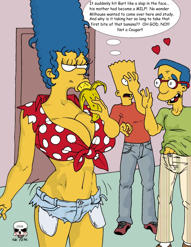 2008 2boys age_difference alternate_breast_size bart_simpson bulge cleavage erection female food half-closed_eyes hearts huge_breasts huge_cock human male marge_simpson milf milhouse_van_houten oral_insertion penis perky_breasts petite seductive small_waist the_fear the_simpsons yellow_skin