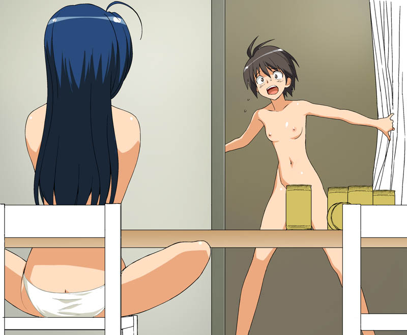 2girls a1 ahoge androgynous antenna_hair butt_crack chihaya_kisaragi convenient_censoring error female female_only flat_chest human idolmaster makoto_kikuchi miura_azusa multiple_females neon_genesis_evangelion nude panties parody topless underwear underwear_only