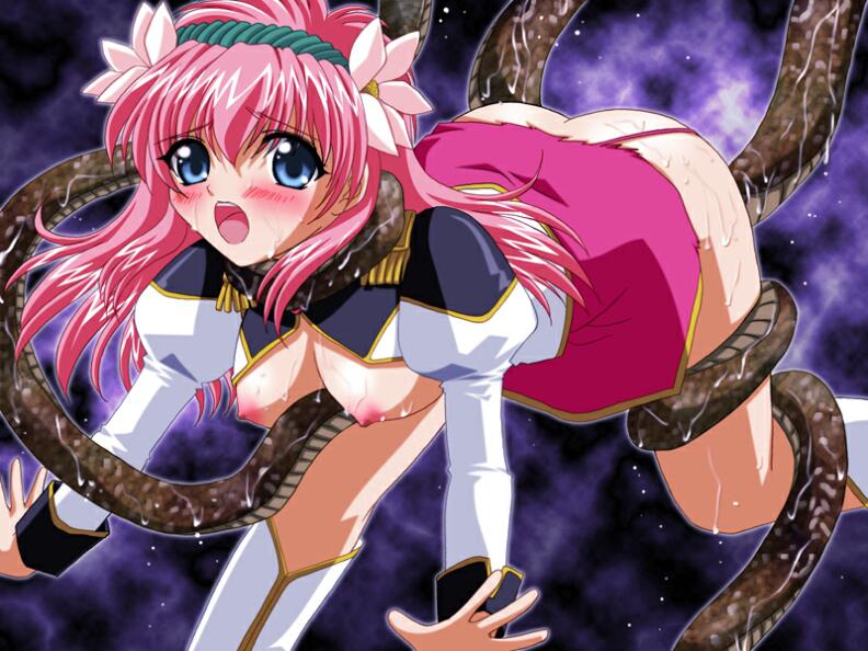 ass bent_over blush bound bound_leg breasts breasts_out female forced galaxy_angel milfeulle_sakuraba nipples open_clothes open_mouth open_shirt pink_hair rape restrained skirt tentacle tentacle_rape