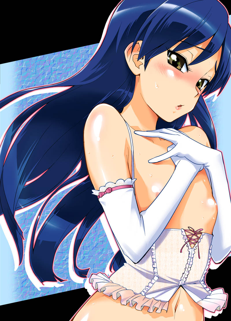 blue_hair blush breasts brown_eyes chihaya_kisaragi corset elbow_gloves flat_chest gloves idolmaster kisaragi_chihaya long_hair