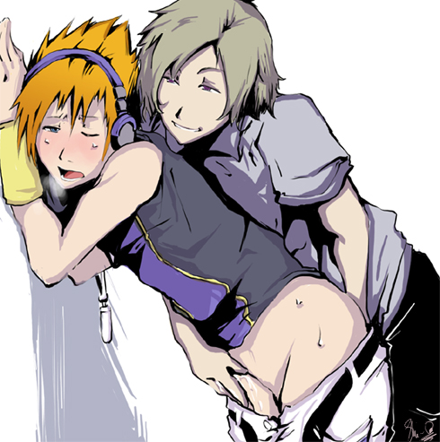 clothed_sex handjob joshua_kiryu male male_only multiple_males neku_sakuraba tagme the_world_ends_with_you twink yaoi