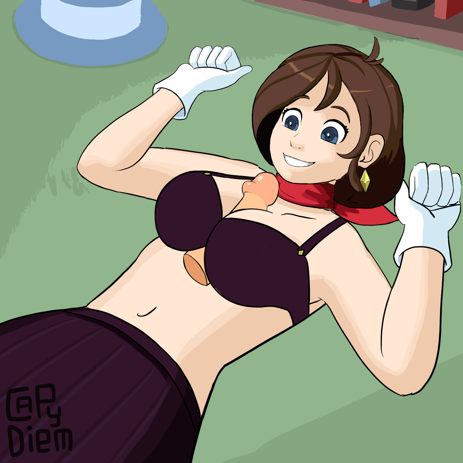 1girls, ace attorney, animated, big breasts, black bra, black skirt, blue eyes, bouncing breasts, bra, breasts, brown hair, capcom, capy diem, clavicle, clothed, clothing, disembodied penis, female, gloves, gyakuten saiban, hands-free paizuri, light skin, light-skinned male, male, medium breasts, paizuri, paizuri under clothes, penis, short hair, skirt, smile, straight, trucy wright