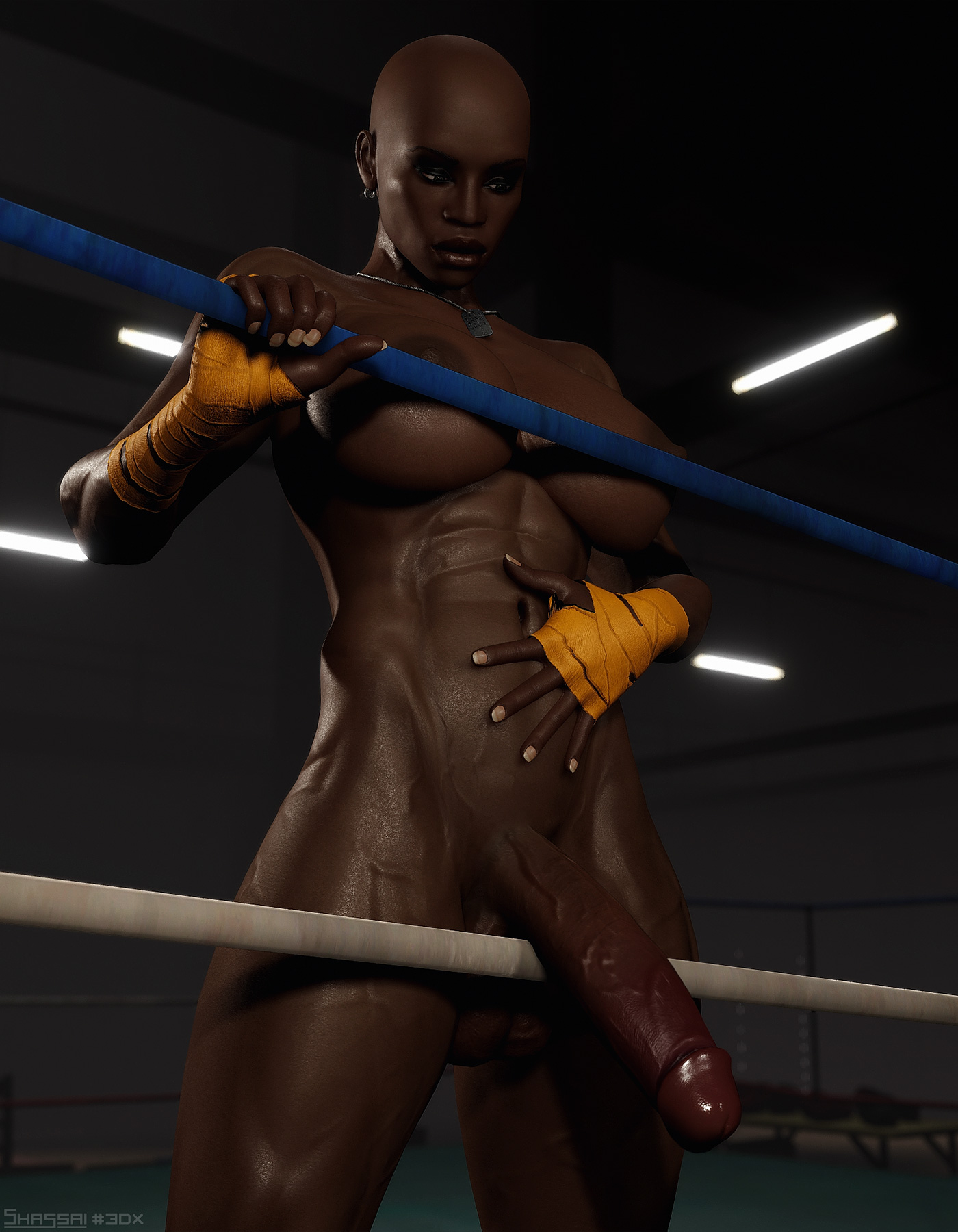 1futa, 3d, abs, athletic, bald, balls, big penis, boxing, boxing ring, brown skin, dark skin, dickgirl, domino (shassai), futa only, futanari, hand on stomach, intersex, looking down, midriff, muscles, muscular, nude, penis, shassai, solo, solo futa, standing, veiny, veiny penis