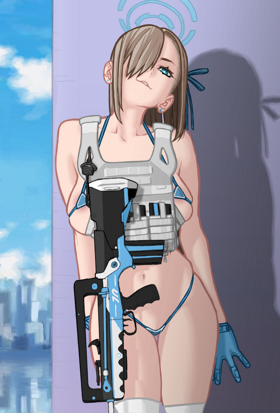 asuna_(blue_archive) asuna_(bunny)_(blue_archive) blonde_hair blue_archive blue_eyes bluesalm0n bulletproof_vest city city_background cityscape earrings famas female female_only gloves large_breasts micro_bikini