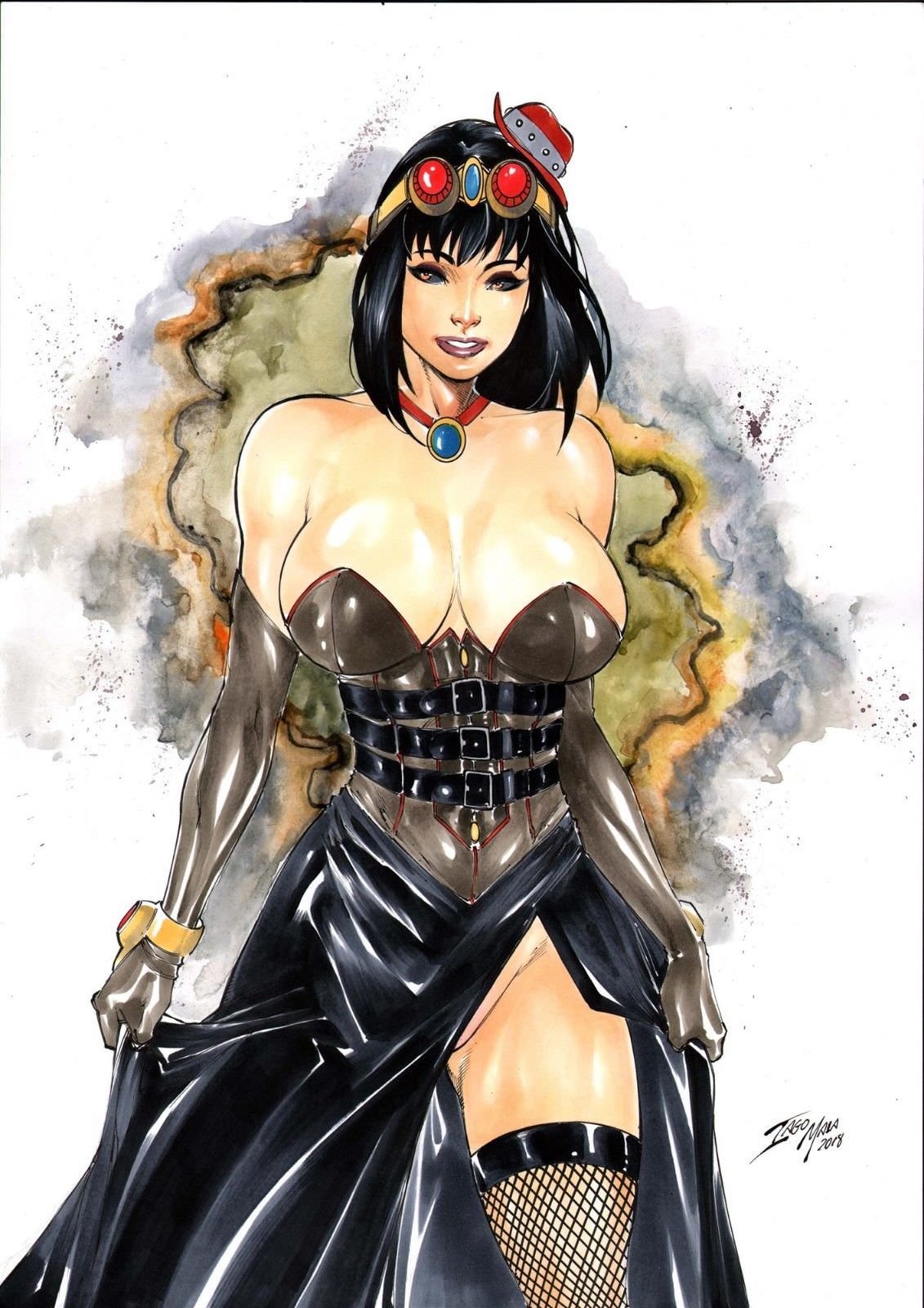 1girls 2018 abstract_background amber_eyes amulet aspen_mlt benitez_productions black_dress black_hair black_sclera black_skirt bottomless_skirt breasts choker cleavage corset curvaceous curvy cyborg dated dress dress_lift ed_benes_studio female female_only fishnet fishnets gloves goggles grey_gloves hat huge_breasts iago_maia lady_mechanika necklace no_panties pinup red_hat red_lips red_lipstick robot_girl short_hair signature skirt skirt_lift solo steampunk stockings