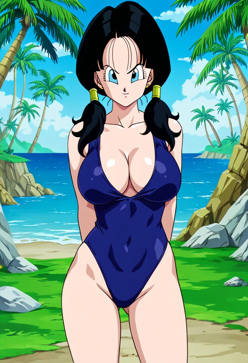 ai_generated arms_behind_back big_breasts black_hair blue_eyes civitai dragon_ball large_breasts swimsuit videl