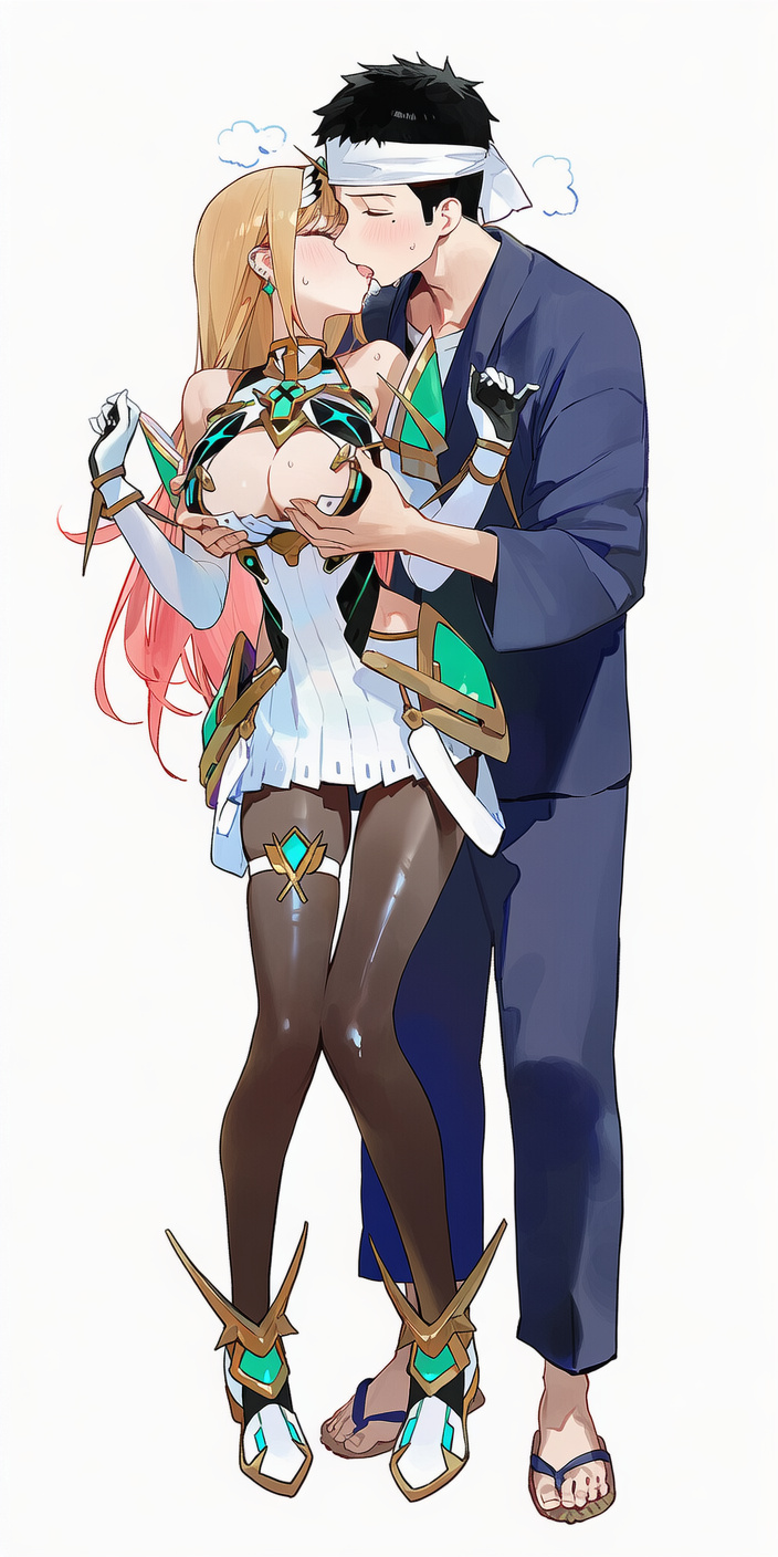 1boy, ai generated, bare shoulders, black hair, blonde hair, blus, breasts, breasts grab, canon couple, cleavage, closed eyes, dress, drowsy sheep, earrings, female, gem, gloves, gojou wakana, headpiece, jewelry, kissing, kitagawa marin, long hair, male, mythra (cosplay), sandals, short dress, sono bisque doll wa koi wo suru, straight, tiara, white dress, xenoblade (series), xenoblade chronicles 2
